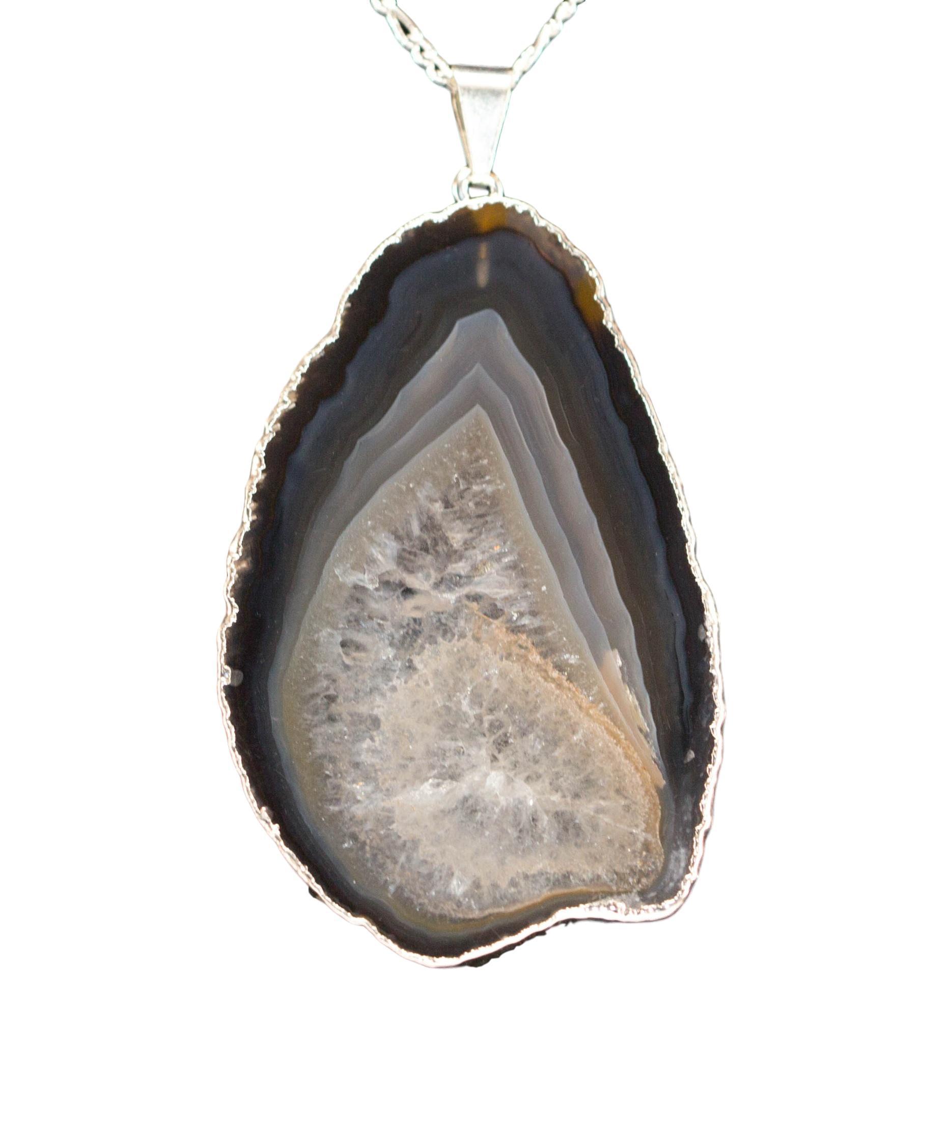 A beautiful Agate Slice Pendant with silver trim, showcasing unique natural patterns and colors, perfect for elegant jewelry collections.