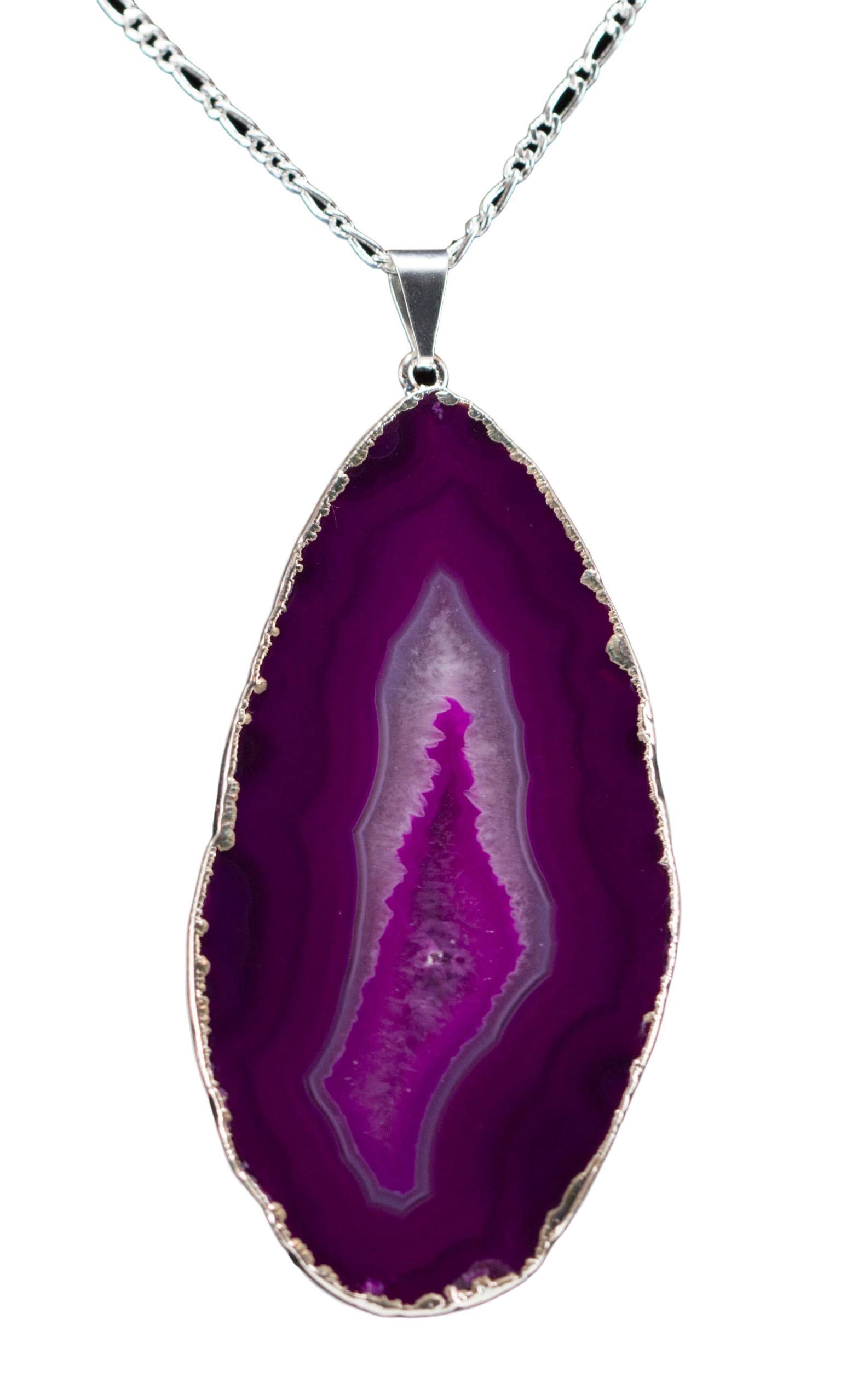 A beautiful Agate Slice Pendant with silver trim, showcasing unique natural patterns and colors, perfect for elegant jewelry collections.