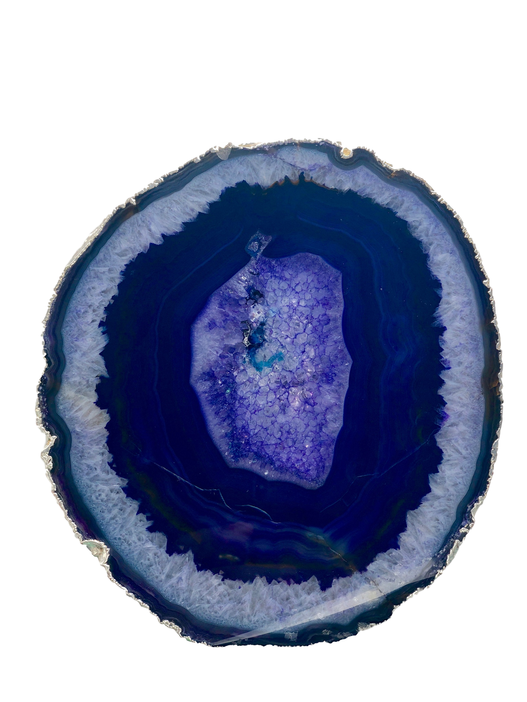 A beautiful 9-inch agate decorative platter with a sleek silver trim, showcasing vibrant colors and unique patterns, perfect for serving desserts or appetizers.