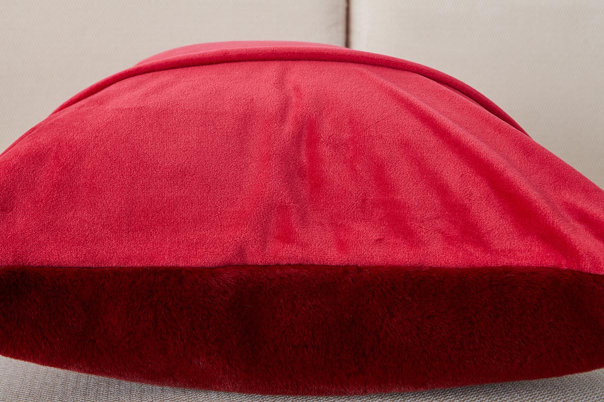 Agnes Luxury Red Chinchilla Faux Fur Pillow showcasing plush red faux fur with a contemporary square design and a zippered velvet back.