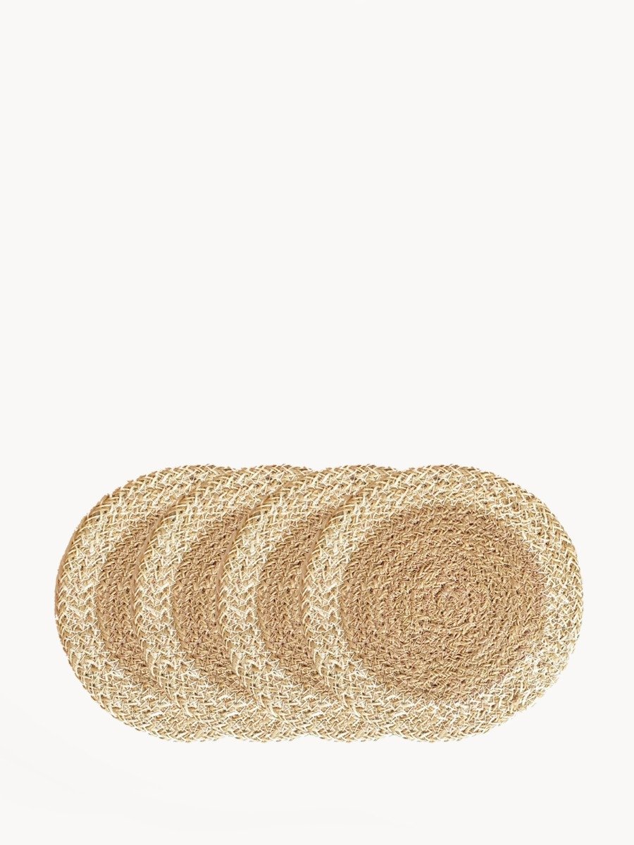 Set of 4 handmade jute coasters, natural and white, perfect for protecting surfaces and adding decor.