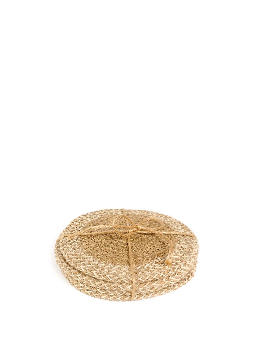 Set of 4 handmade jute coasters, natural and white, perfect for protecting surfaces and adding decor.