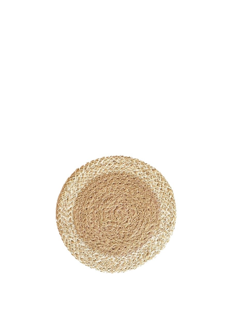 Set of 4 handmade jute coasters, natural and white, perfect for protecting surfaces and adding decor.