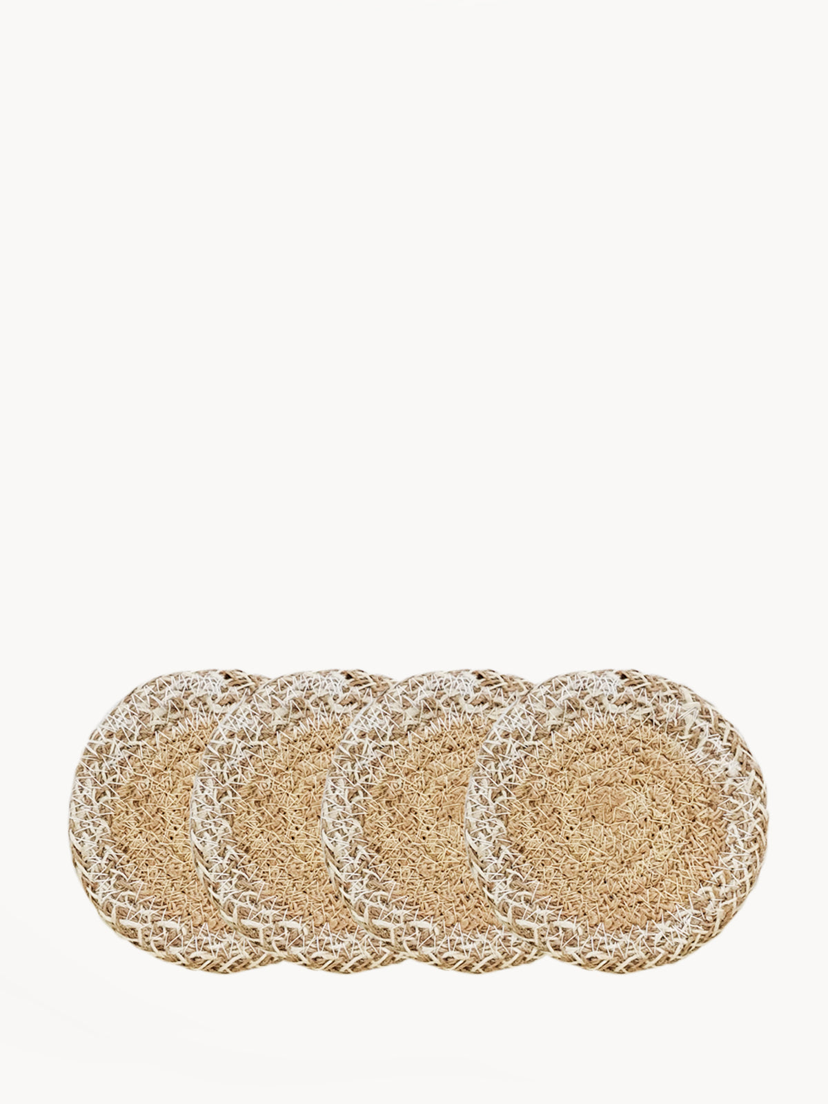 Set of 4 handmade jute drink coasters in natural and white colors, perfect for protecting surfaces.