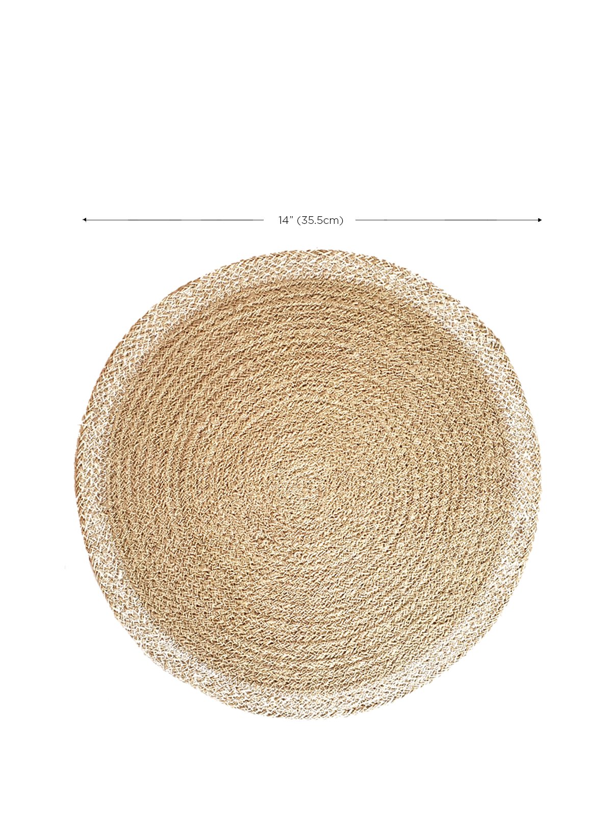 Set of 4 round jute placemats in natural and white colors, showcasing their textured design and handcrafted quality.