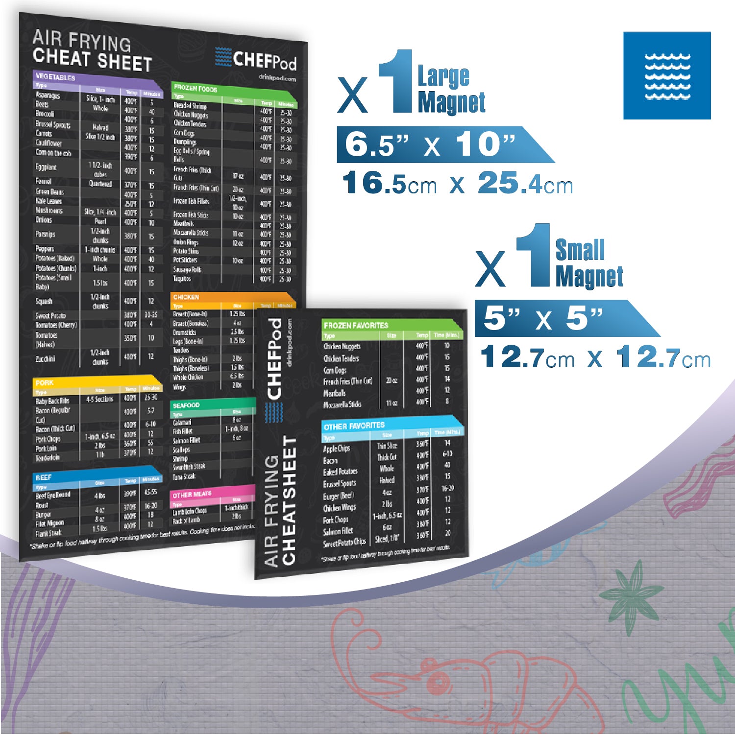 Air Fryer Magnetic Cheat Sheet Set of 2 featuring easy-to-read cooking times for various foods, designed for convenience and durability.