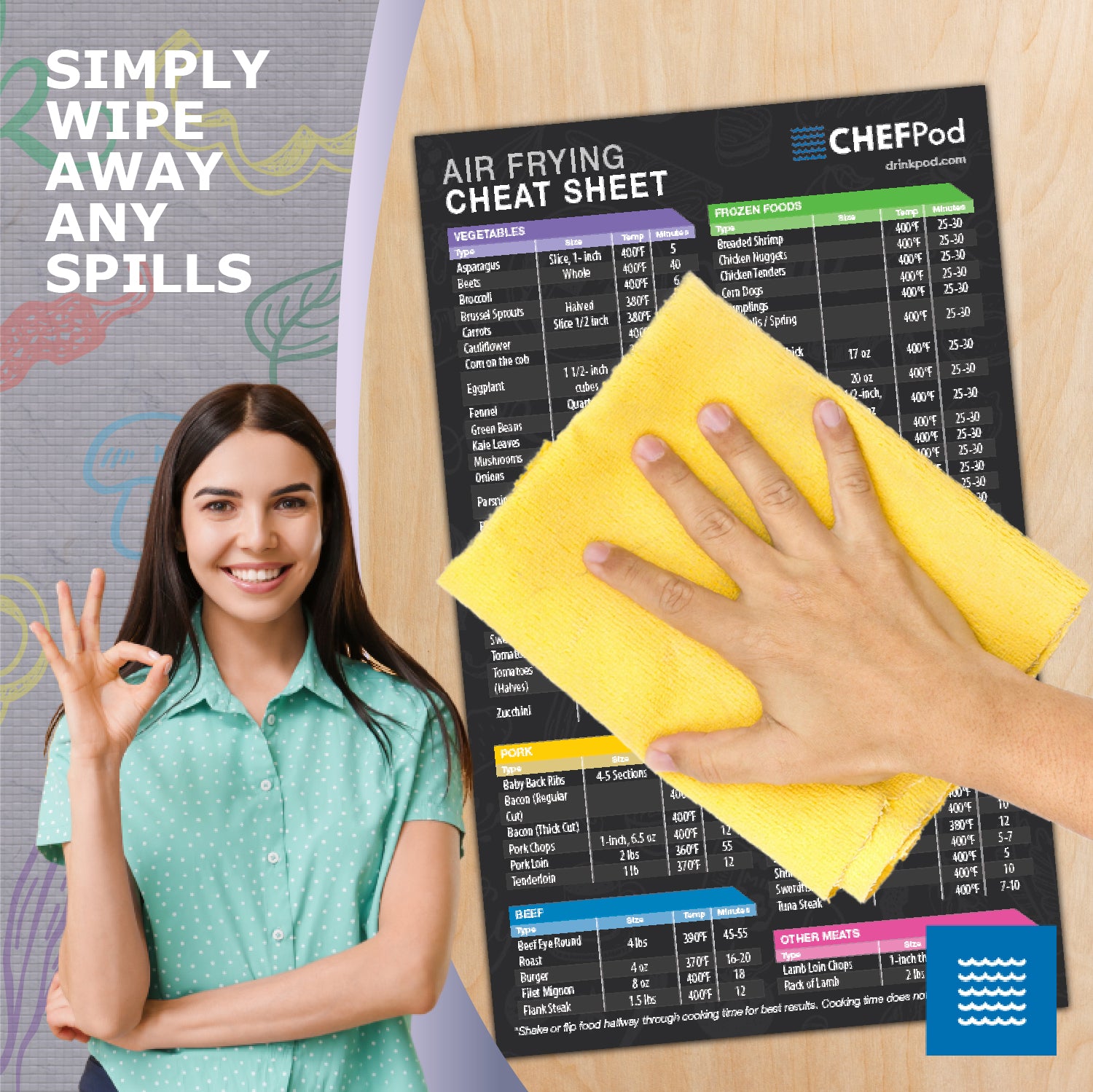 Air Fryer Magnetic Cheat Sheet Set of 2 featuring easy-to-read cooking times for various foods, designed for convenience and durability.