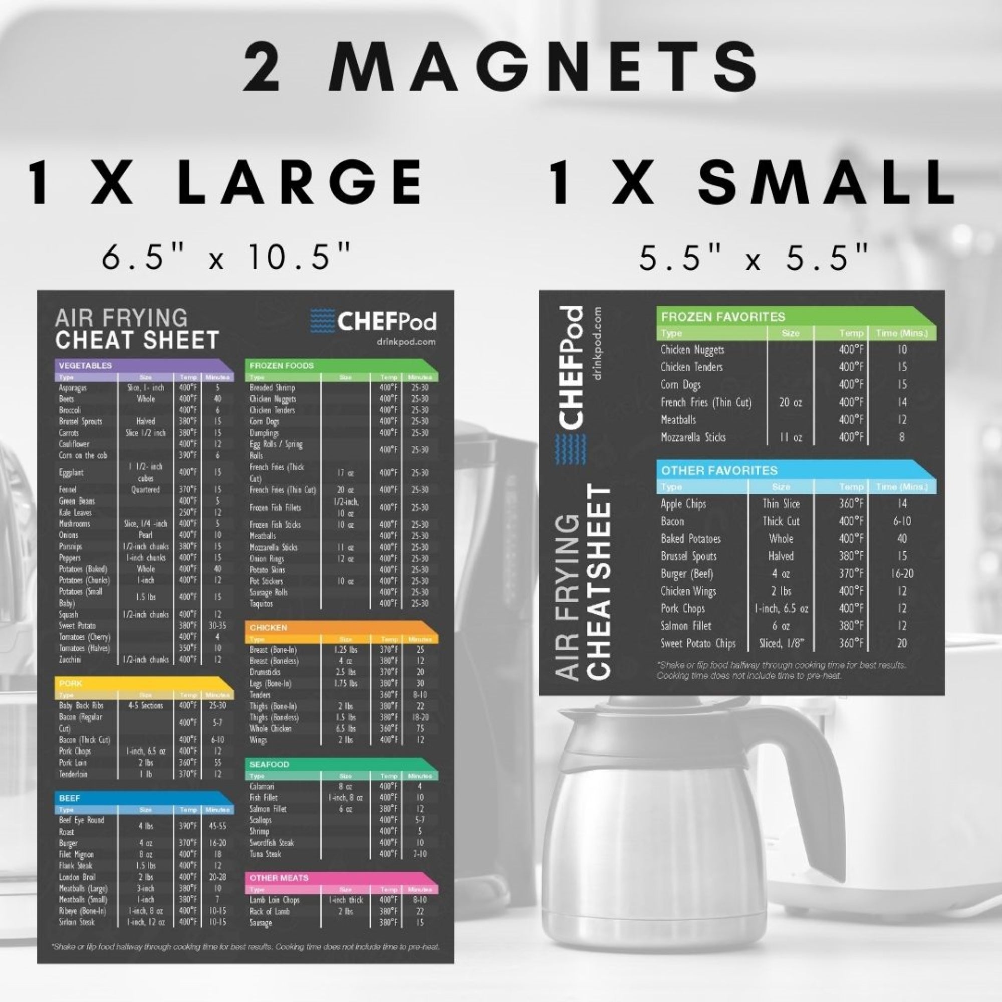 Air Fryer Magnetic Cheat Sheet Set of 2 featuring easy-to-read cooking times for various foods, designed for convenience and durability.