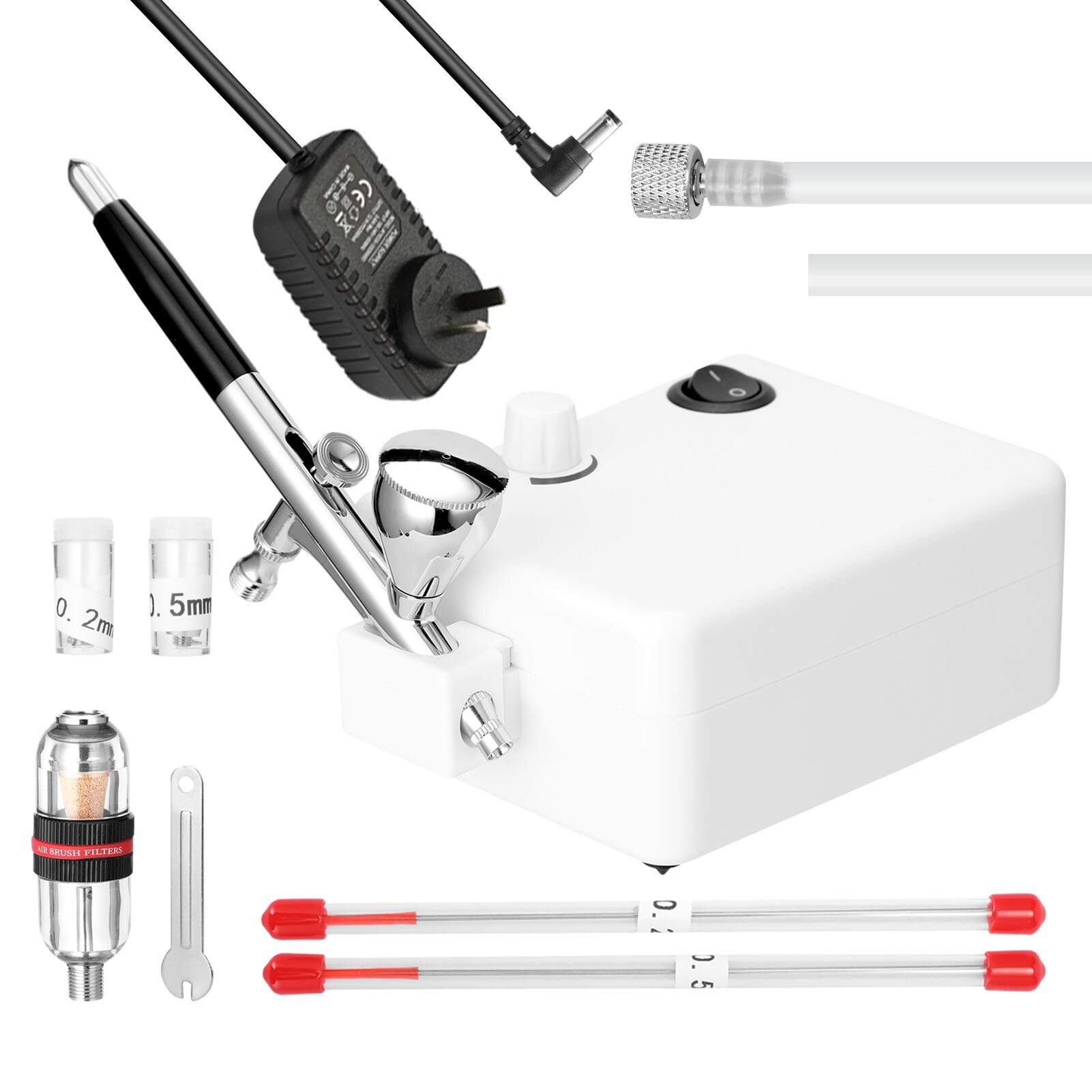 Airbrush Set featuring a 0.3mm nozzle, non-oil type air compressor, oil-water separator, and dropper for precise painting.