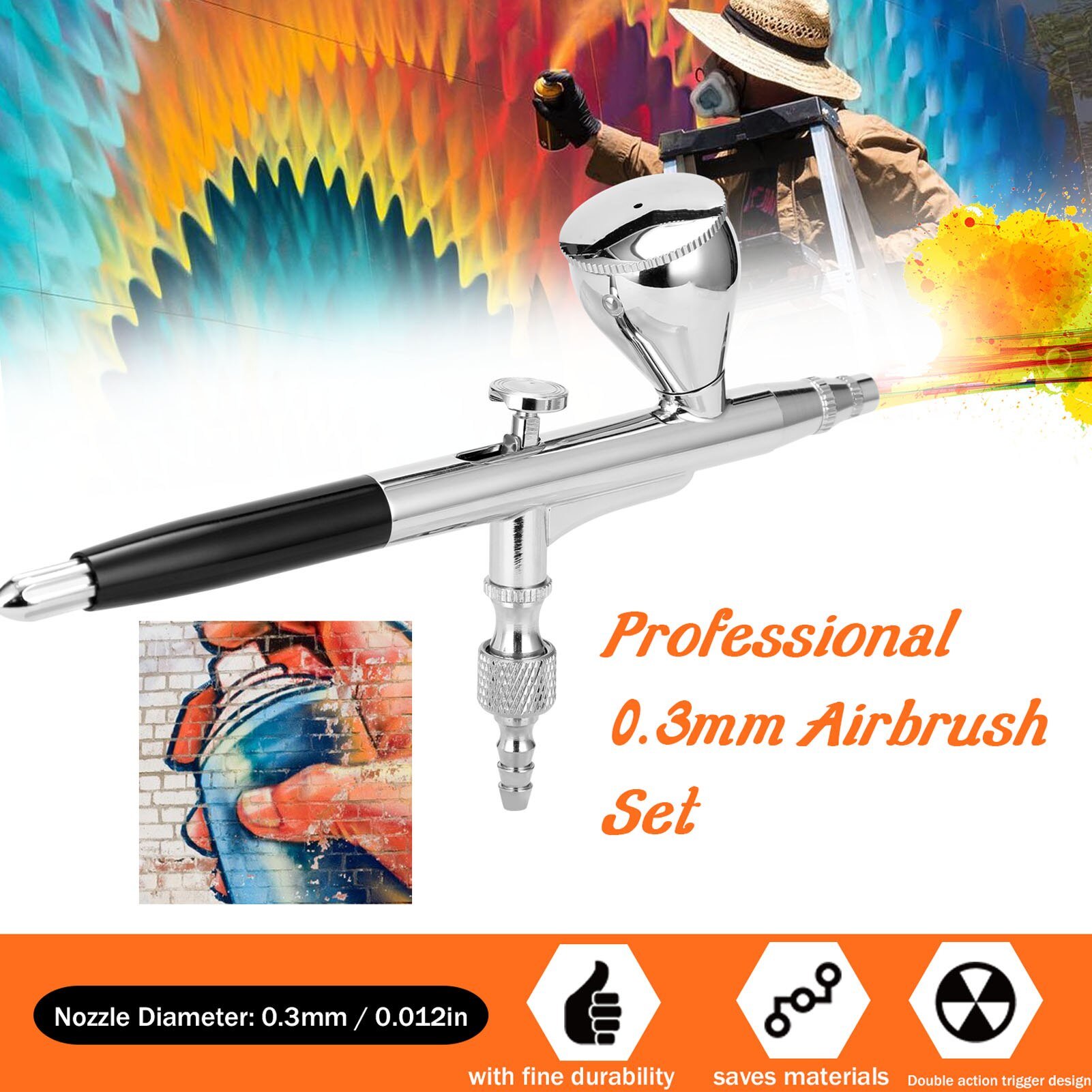 Airbrush Set featuring a 0.3mm nozzle, non-oil type air compressor, oil-water separator, and dropper for precise painting.