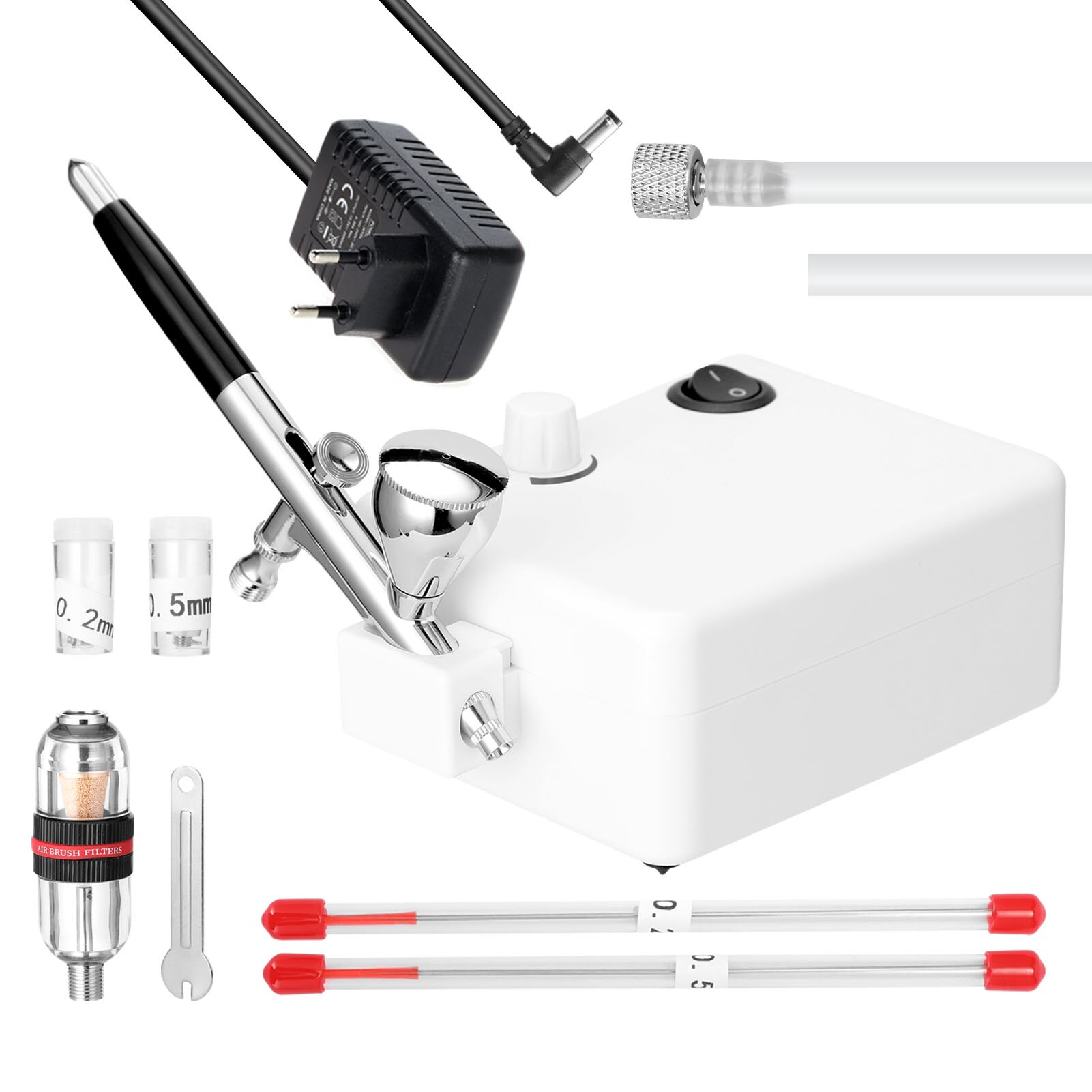 Airbrush Set featuring a 0.3mm nozzle, non-oil type air compressor, oil-water separator, and dropper for precise painting.