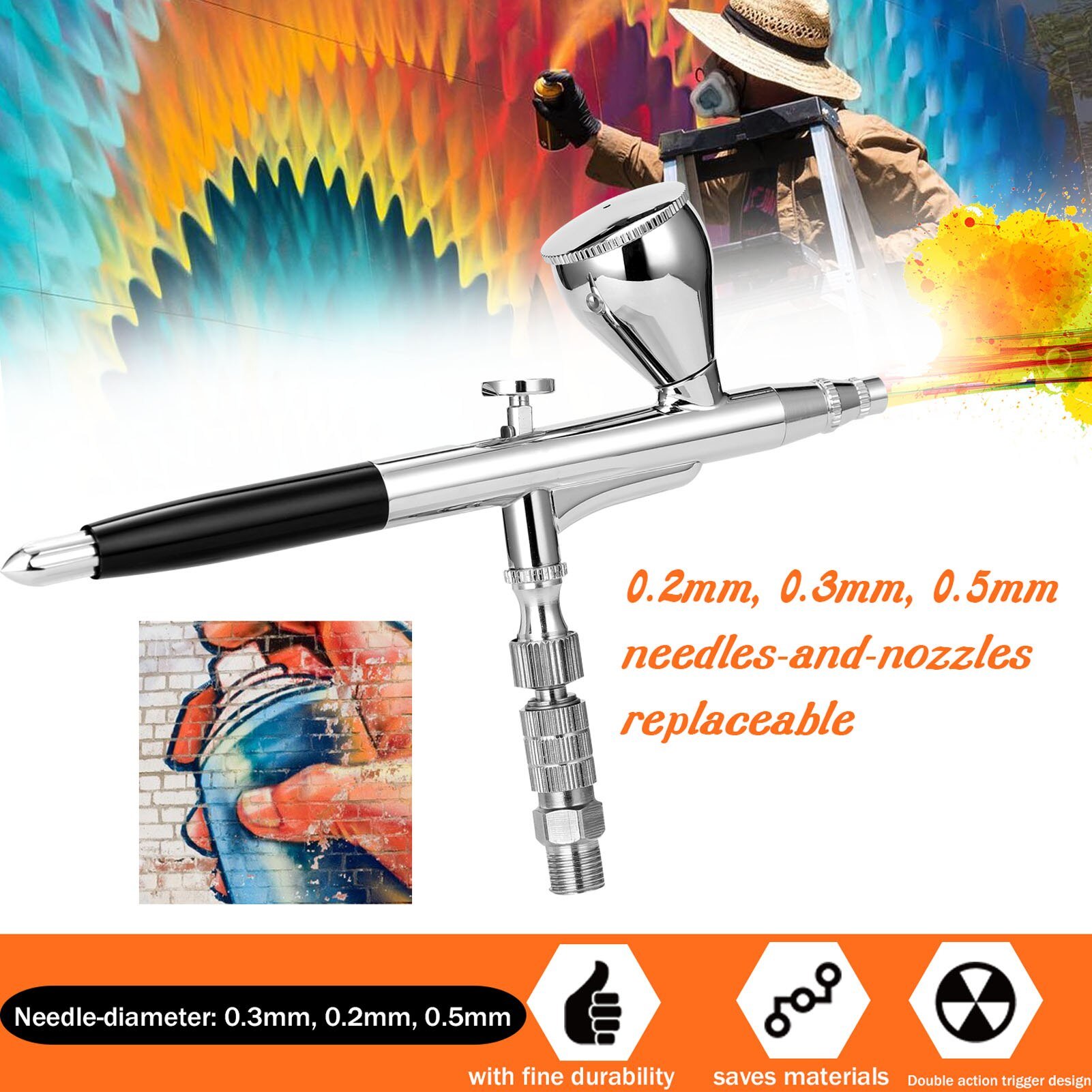 Airbrush Set featuring a 0.3mm nozzle, non-oil type air compressor, oil-water separator, and dropper for precise painting.