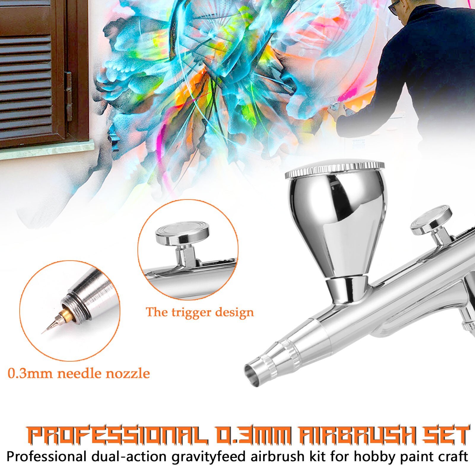 Airbrush Set featuring a 0.3mm nozzle, non-oil type air compressor, oil-water separator, and dropper for precise painting.