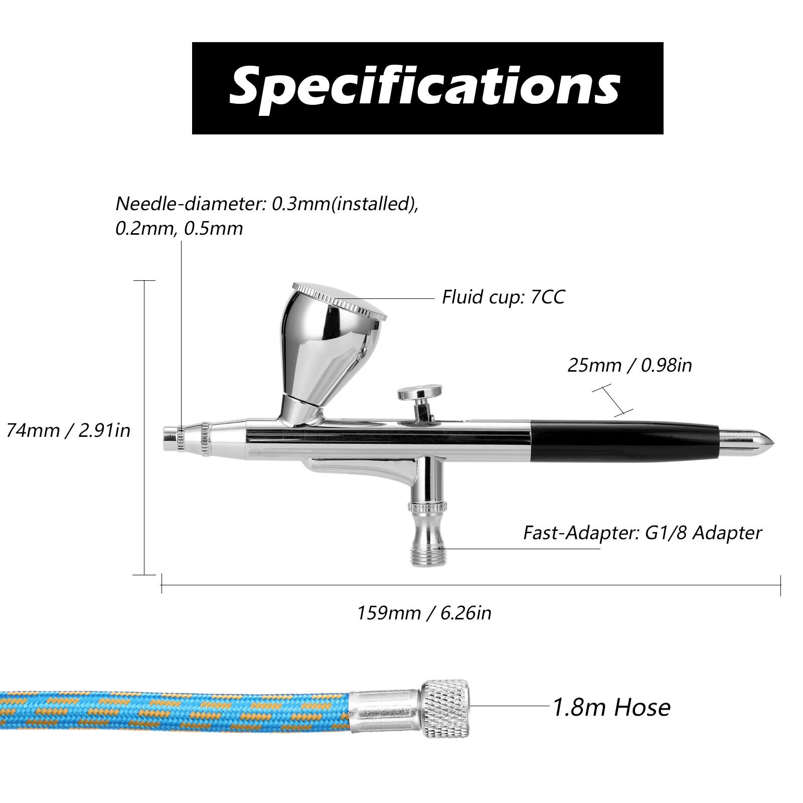 Airbrush Set featuring a 0.3mm nozzle, non-oil type air compressor, oil-water separator, and dropper for precise painting.