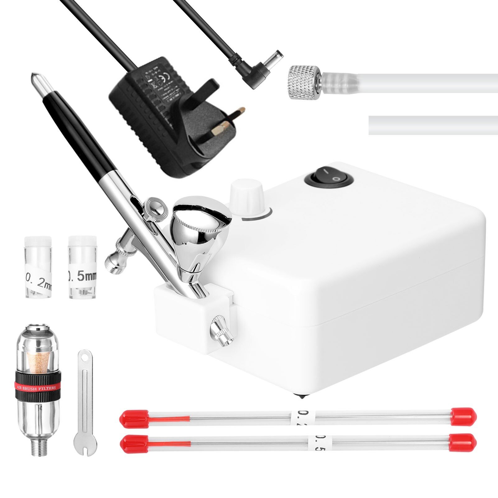 Airbrush Set featuring a 0.3mm nozzle, non-oil type air compressor, oil-water separator, and dropper for precise painting.