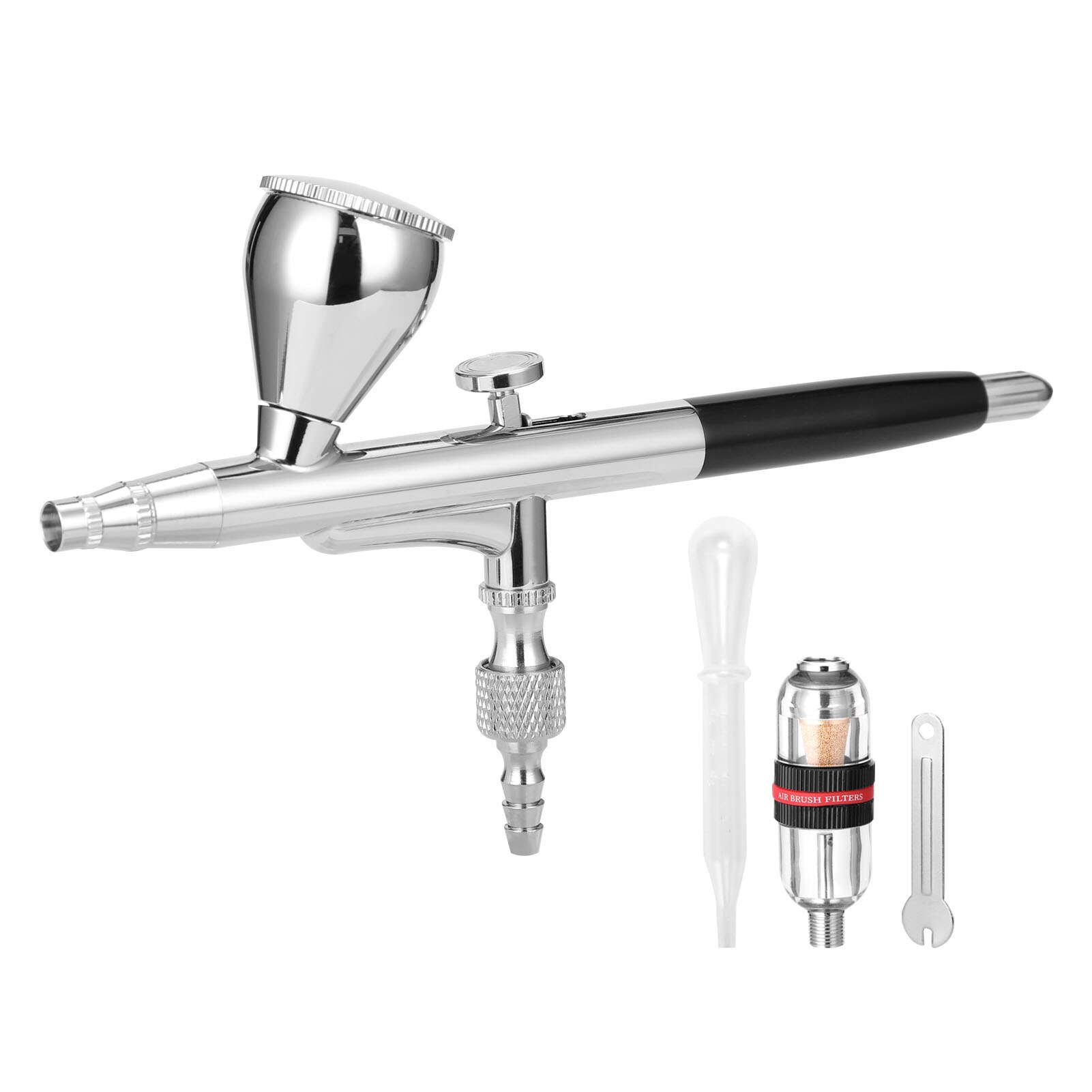 Airbrush Set featuring a 0.3mm nozzle, non-oil type air compressor, oil-water separator, and dropper for precise painting.