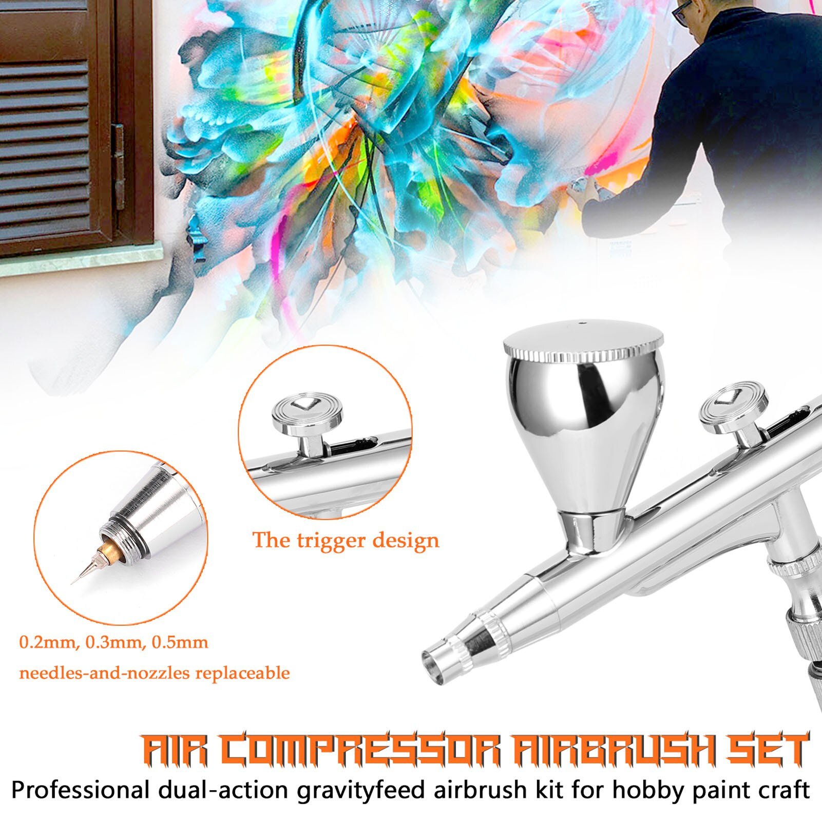 Airbrush Set featuring a 0.3mm nozzle, non-oil type air compressor, oil-water separator, and dropper for precise painting.