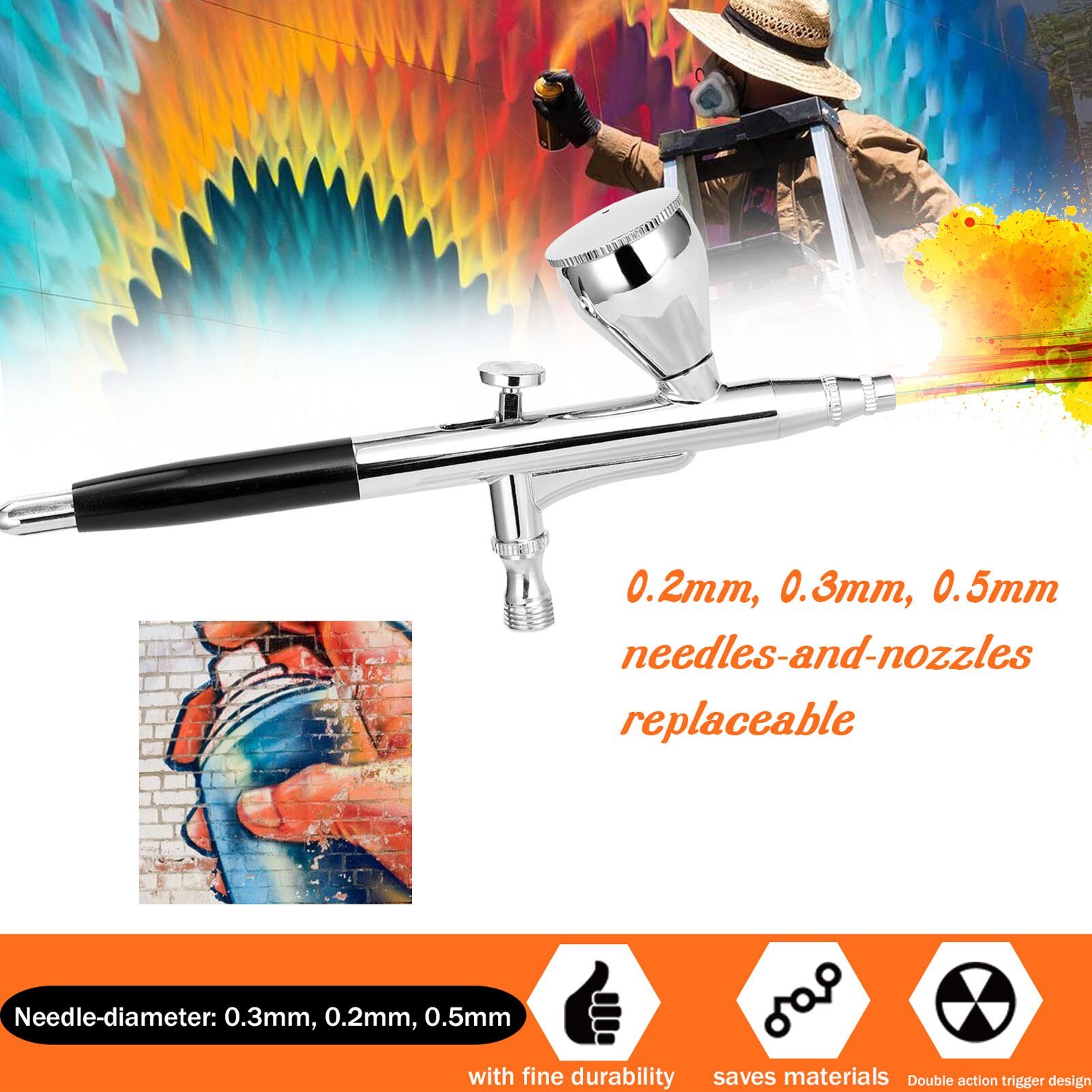 Airbrush Set featuring a 0.3mm nozzle, non-oil type air compressor, oil-water separator, and dropper for precise painting.