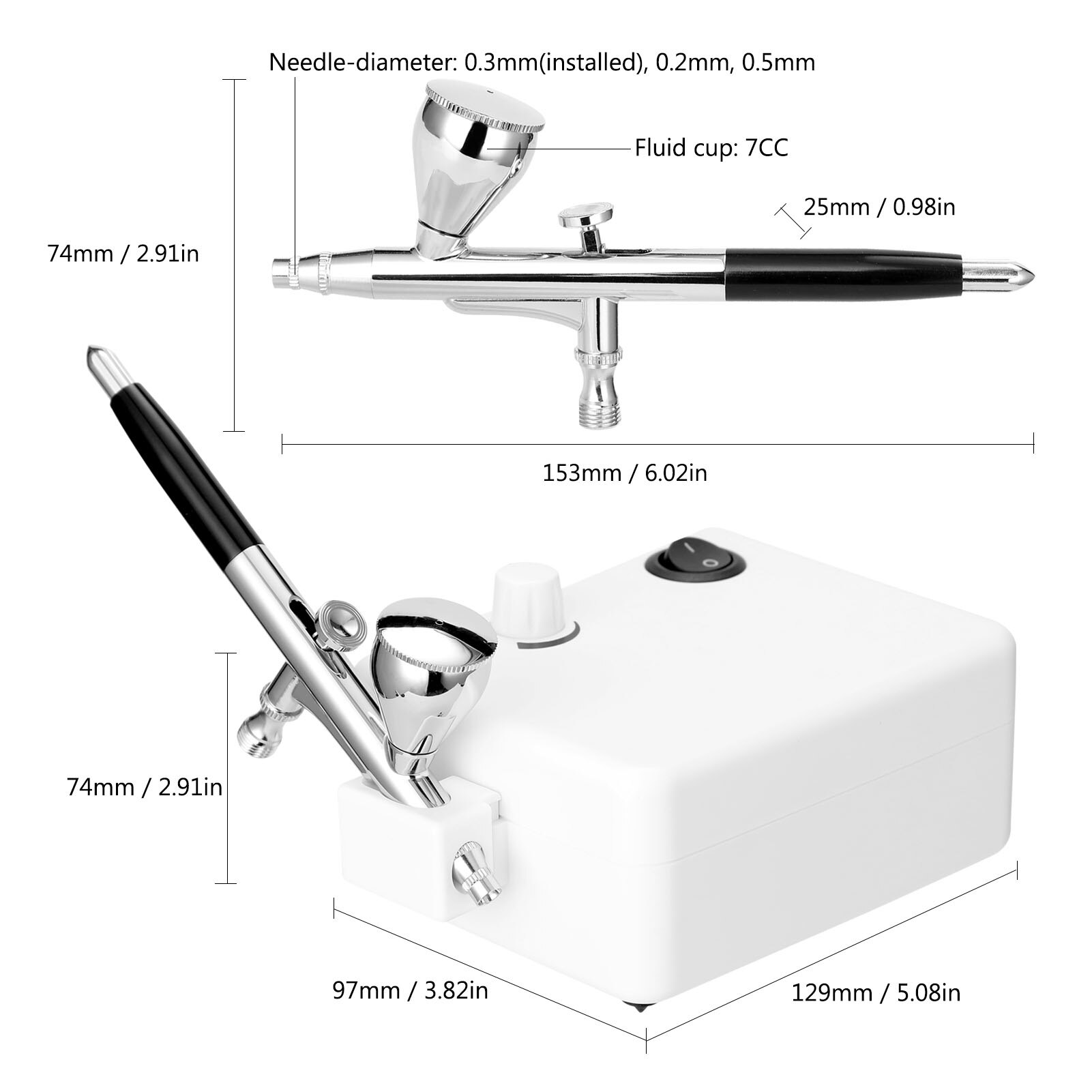 Airbrush Set featuring a 0.3mm nozzle, non-oil type air compressor, oil-water separator, and dropper for precise painting.