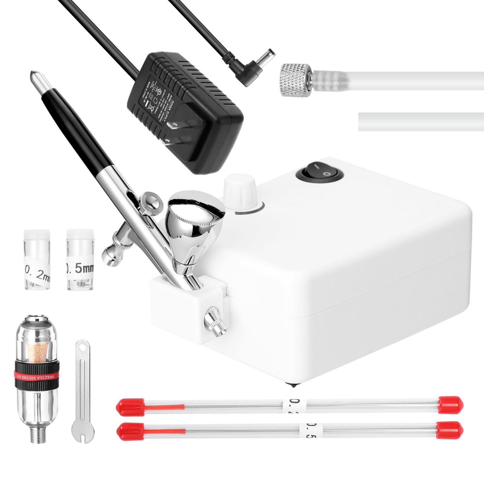 Airbrush Set featuring a 0.3mm nozzle, non-oil type air compressor, oil-water separator, and dropper for precise painting.