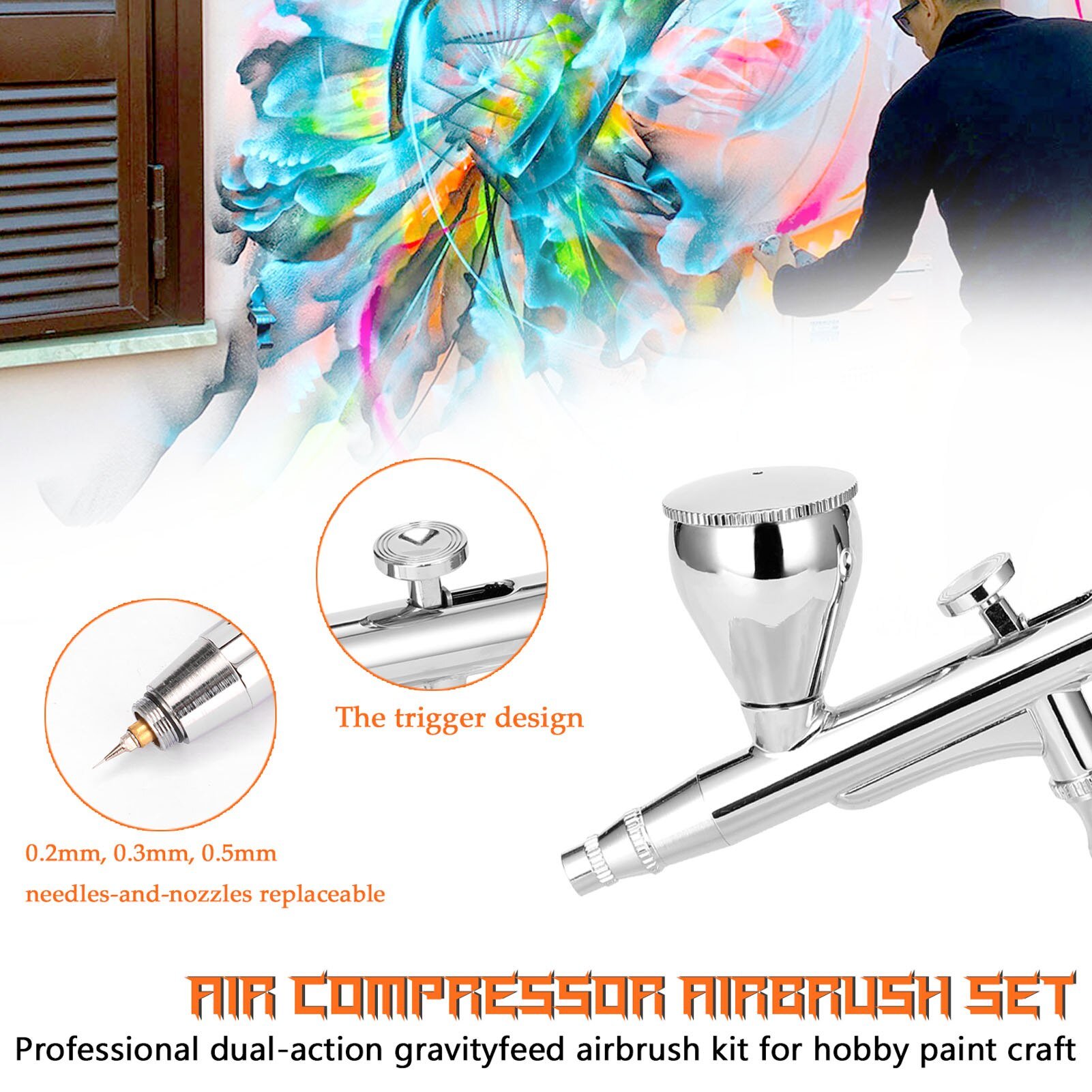 Airbrush Set featuring a 0.3mm nozzle, non-oil type air compressor, oil-water separator, and dropper for precise painting.