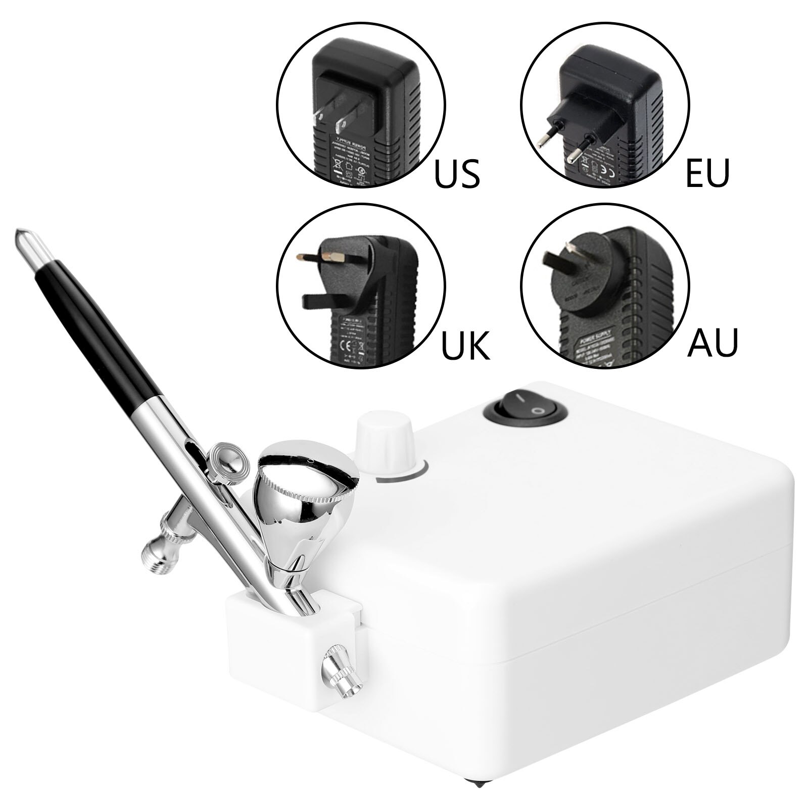 Airbrush Set featuring a 0.3mm nozzle, non-oil type air compressor, oil-water separator, and dropper for precise painting.