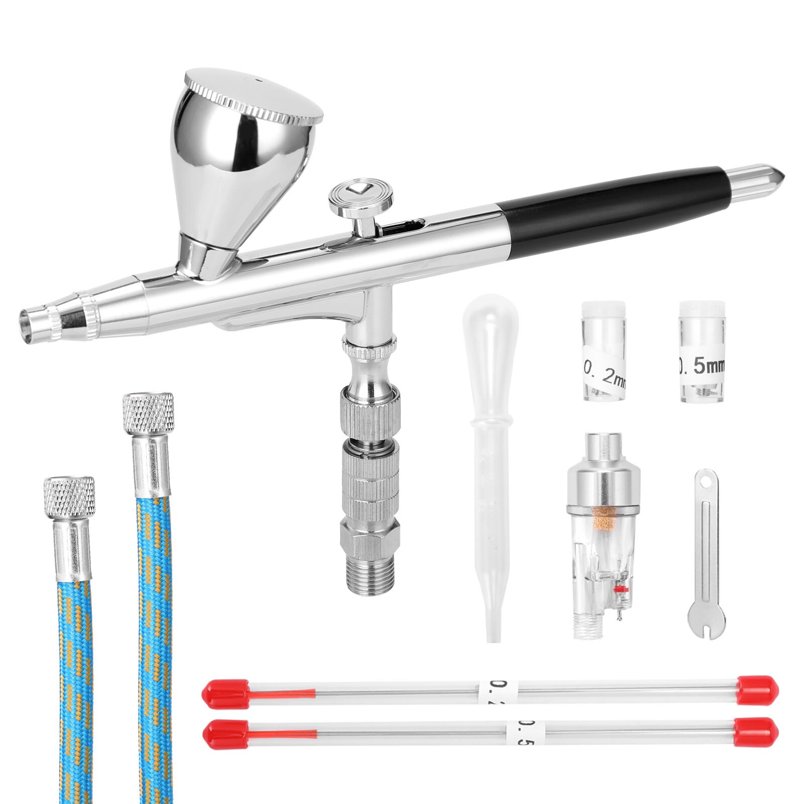 Airbrush Set featuring a 0.3mm nozzle, non-oil type air compressor, oil-water separator, and dropper for precise painting.