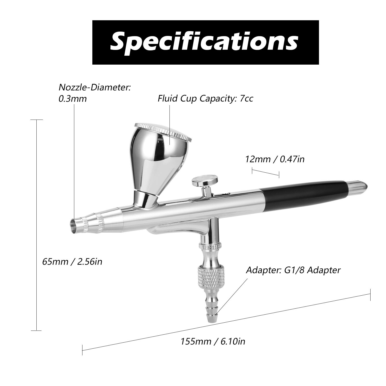 Airbrush Set featuring a 0.3mm nozzle, non-oil type air compressor, oil-water separator, and dropper for precise painting.