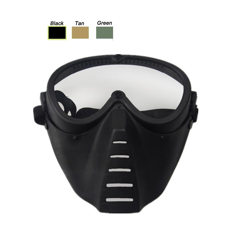 Airsoft Paintball Shooting Equipment Full Face Mask in Black, Tan, and Green colors, showcasing its adjustable headband and impact-resistant design.