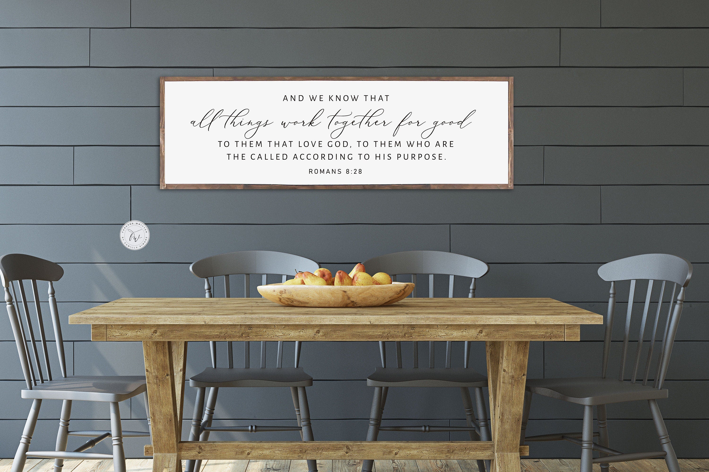 Handmade rustic wood sign featuring Romans 8:28 scripture, framed and stained in customizable colors.