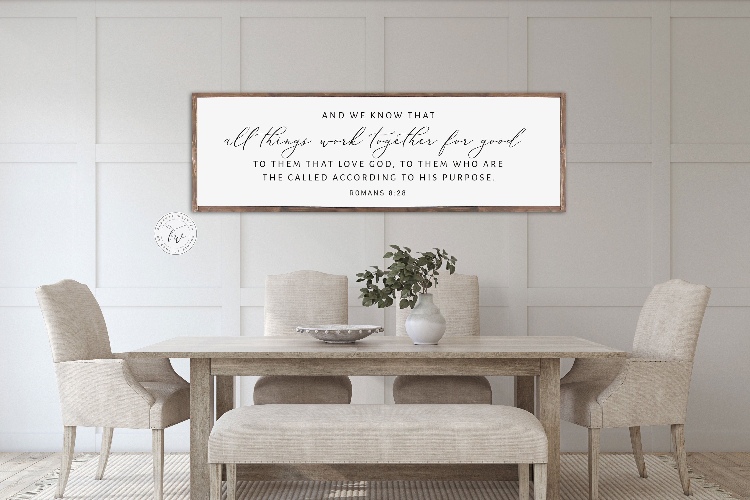 Handmade rustic wood sign featuring Romans 8:28 scripture, framed and stained in customizable colors.