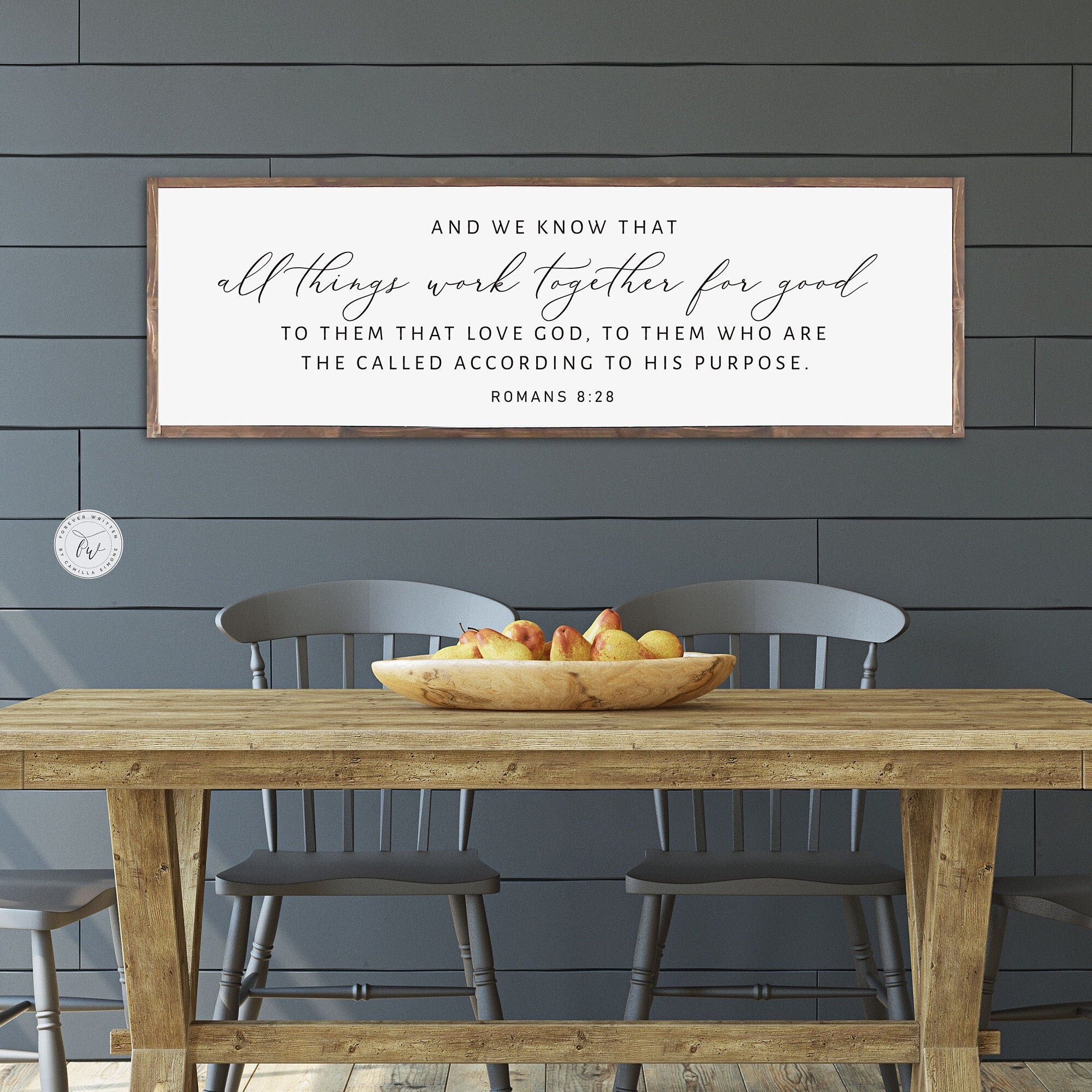 Handmade rustic wood sign featuring Romans 8:28 scripture, framed and stained in customizable colors.