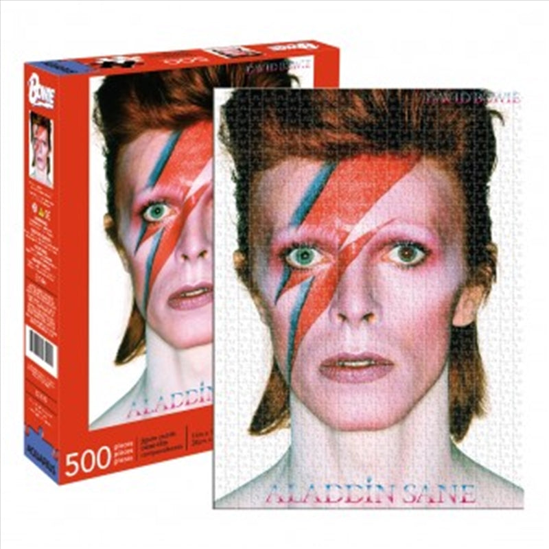 Aladdin Sane 500 Piece Puzzle featuring vibrant artwork from David Bowie's iconic album, showcasing colorful and intricate details.