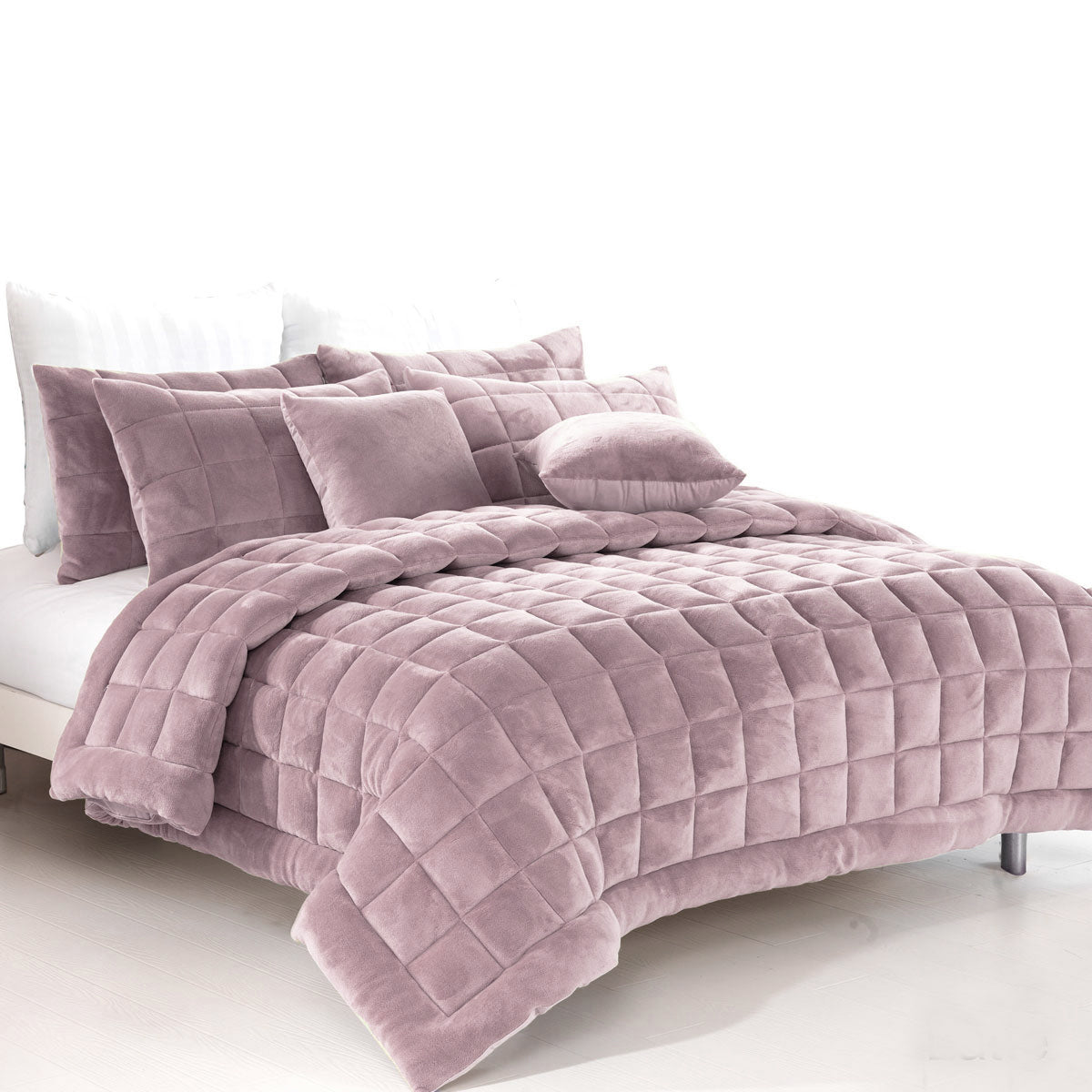 Alastairs Augusta Faux Mink Quilt Set in Blush, featuring a quilted box design and soft touch fabric, perfect for a cozy bedroom.