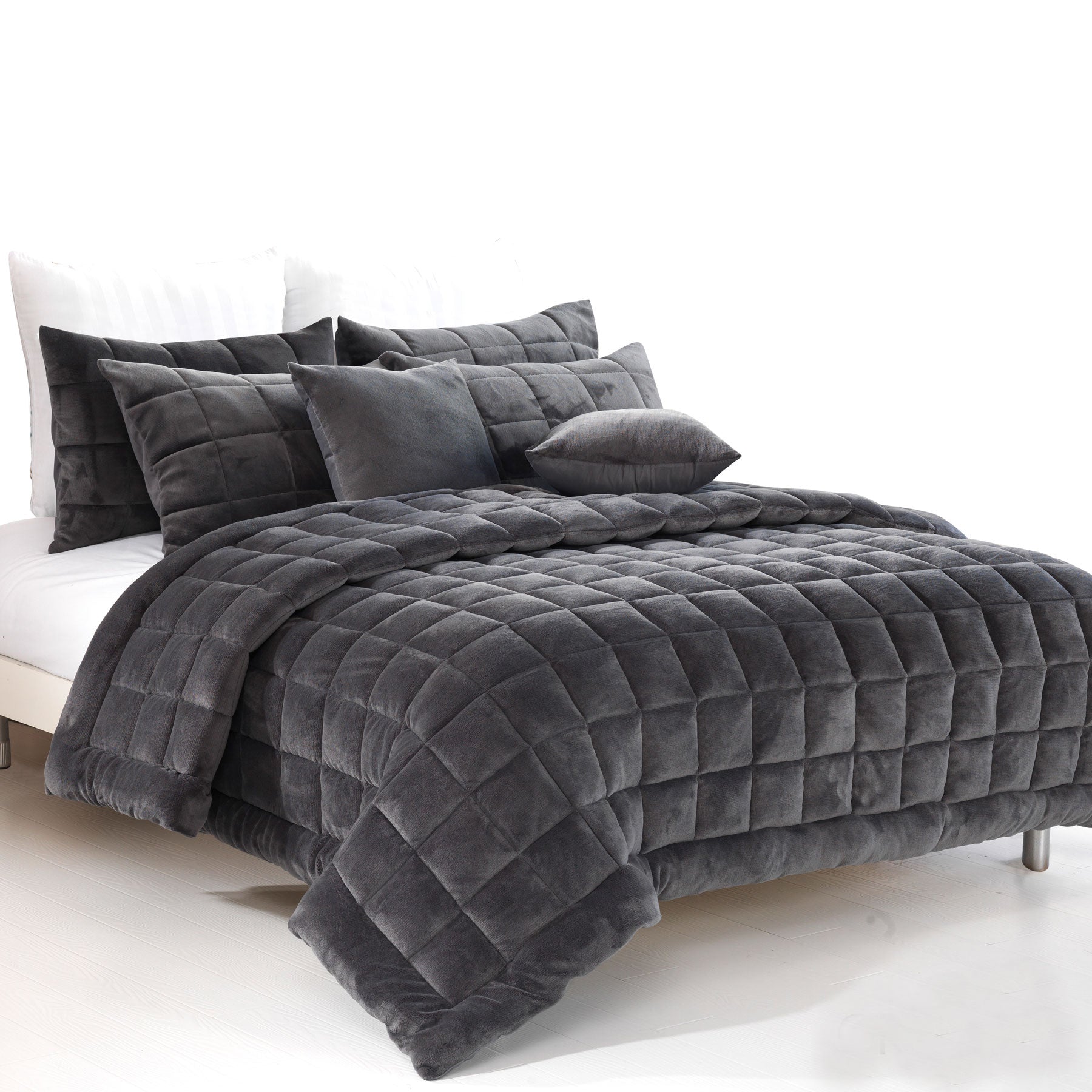 Alastairs Augusta Faux Mink Quilt Set in Charcoal, featuring a quilted square design and soft faux mink fabric.