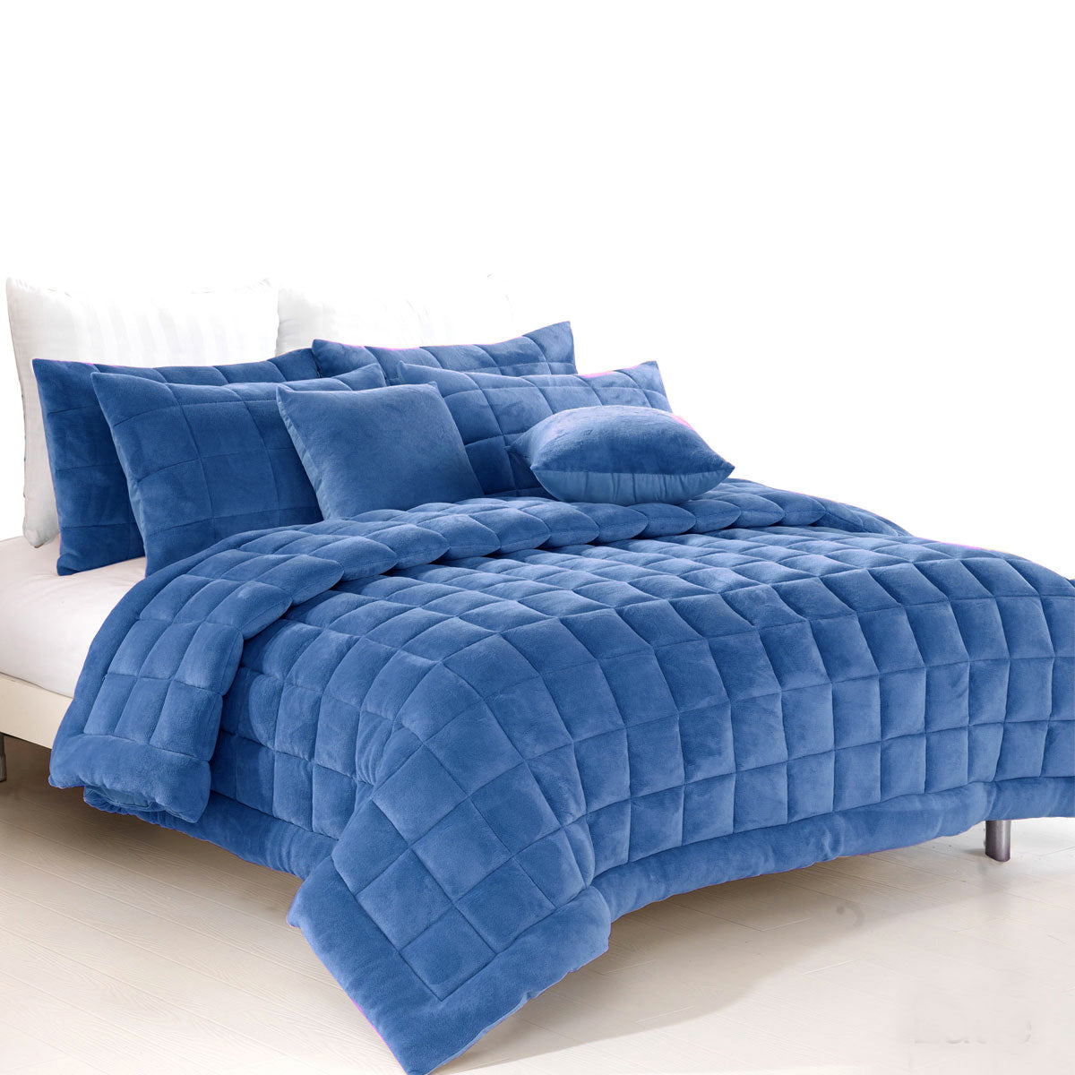 Alastairs Augusta Faux Mink Quilt Set in Denim King, featuring a quilted box design and soft touch fabric.