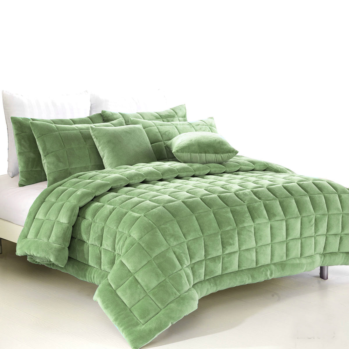 Alastairs Augusta Faux Mink Quilt Set in Sage, featuring a quilted box design and soft touch polyester fabric.