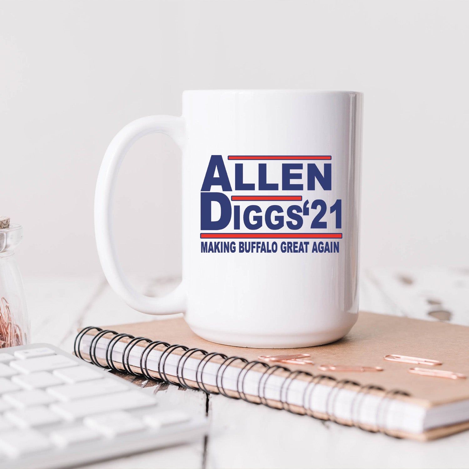 Allen Diggs 2021 Buffalo Bills 15oz ceramic mug with glossy finish and vivid team logo.