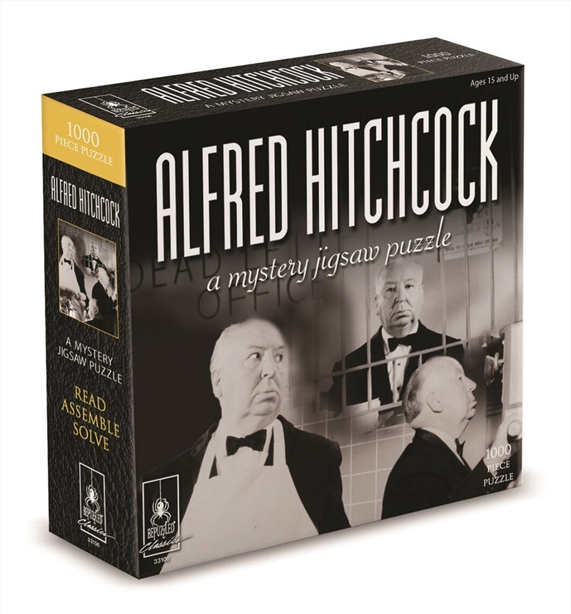 A 1000 piece puzzle featuring Alfred Hitchcock with a book, showcasing intricate details and vibrant colors.