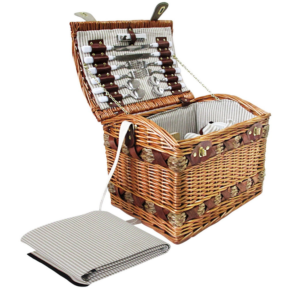 Alfresco 4 Person Picnic Basket made of willow with faux leather straps, featuring a matching blanket and picnic accessories.