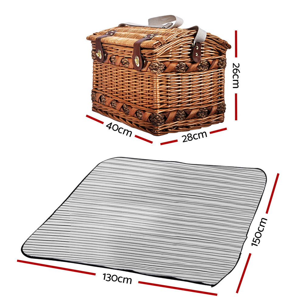 Alfresco 4 Person Picnic Basket made of willow with faux leather straps, featuring a matching blanket and picnic accessories.