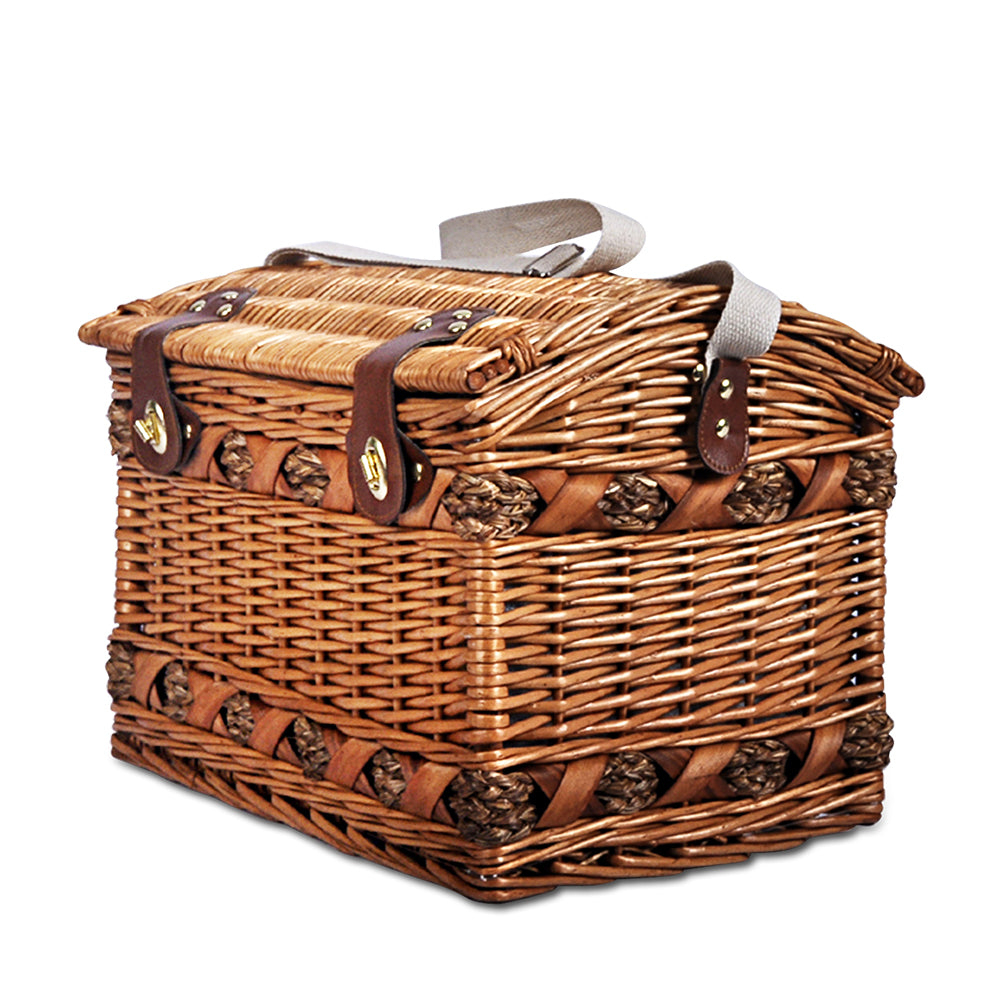 Alfresco 4 Person Picnic Basket made of willow with faux leather straps, featuring a matching blanket and picnic accessories.