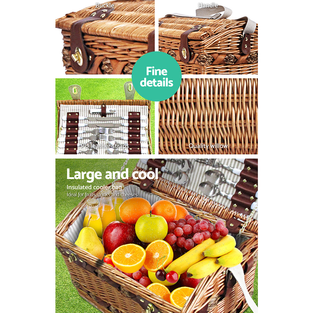 Alfresco 4 Person Picnic Basket made of willow with faux leather straps, featuring a matching blanket and picnic accessories.