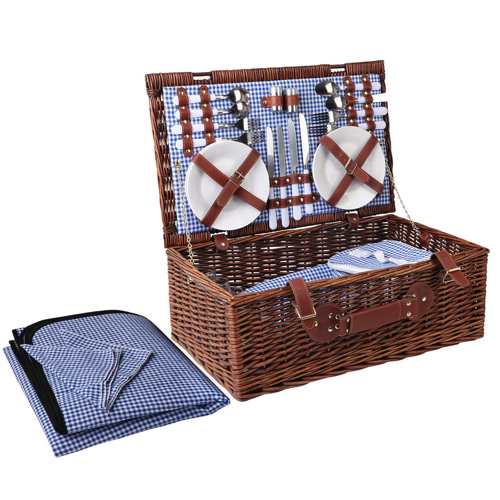 Alfresco 4 Person Picnic Basket with insulated cooler, cutlery, and matching blanket, perfect for outdoor gatherings.