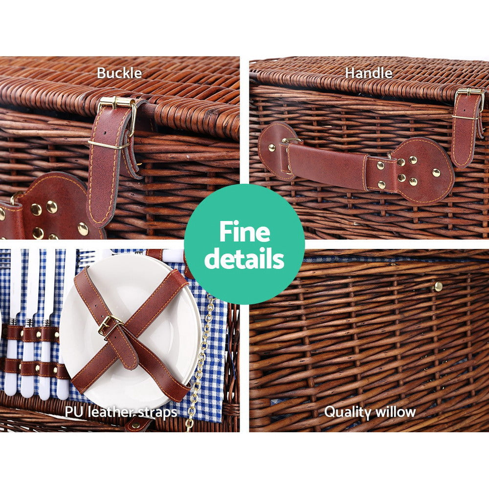 Alfresco 4 Person Picnic Basket with insulated cooler, cutlery, and matching blanket, perfect for outdoor gatherings.