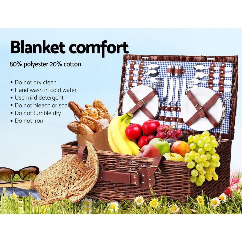 Alfresco 4 Person Picnic Basket with insulated cooler, cutlery, and matching blanket, perfect for outdoor gatherings.