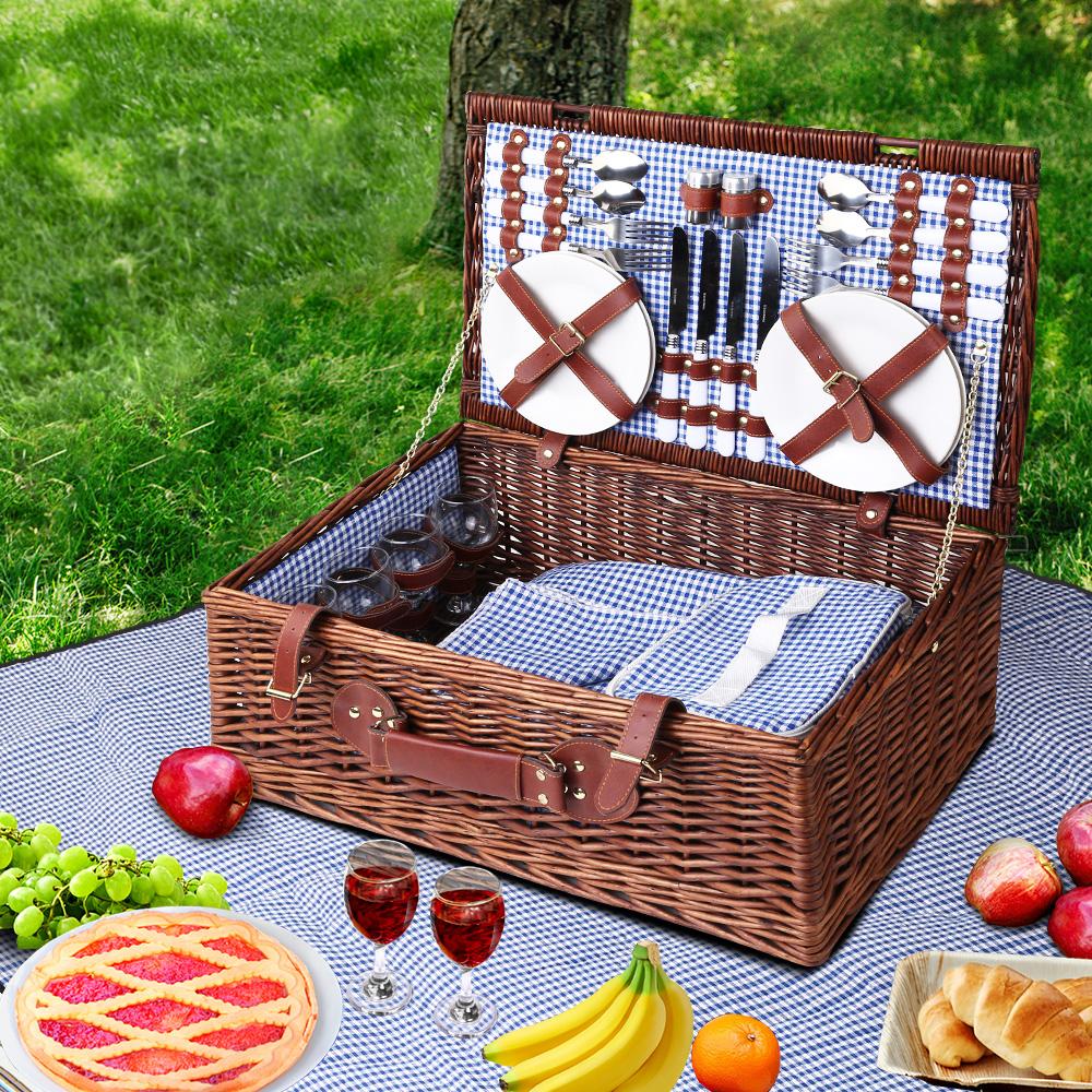 Alfresco 4 Person Picnic Basket with insulated cooler, cutlery, and matching blanket, perfect for outdoor gatherings.