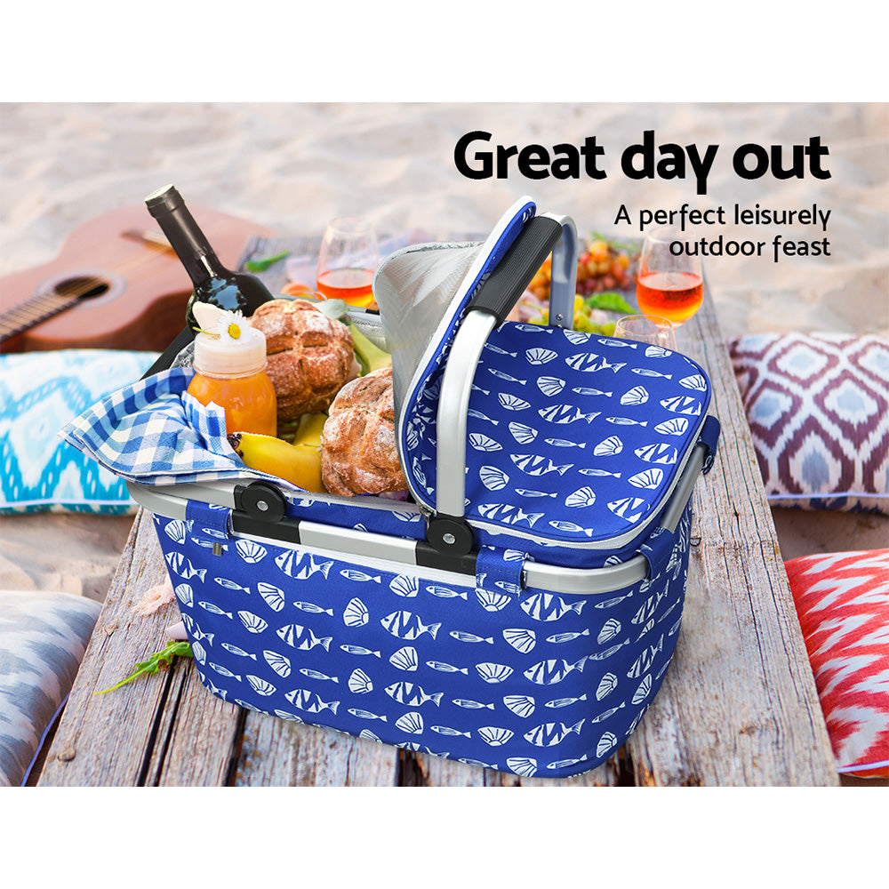 Alfresco Large Folding Picnic Bag Basket Hamper in a natural outdoor setting, showcasing its durable polyester exterior and insulated interior.