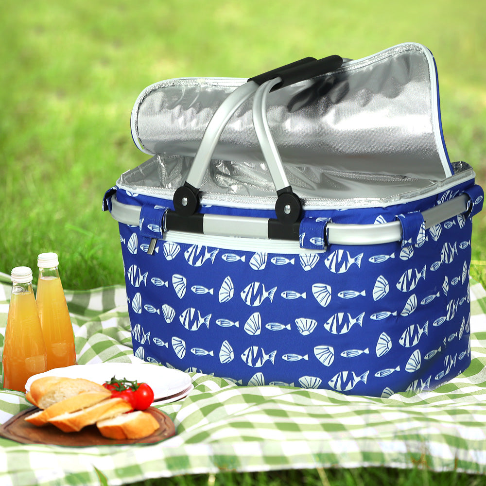 Alfresco Large Folding Picnic Bag Basket Hamper in a natural outdoor setting, showcasing its durable polyester exterior and insulated interior.