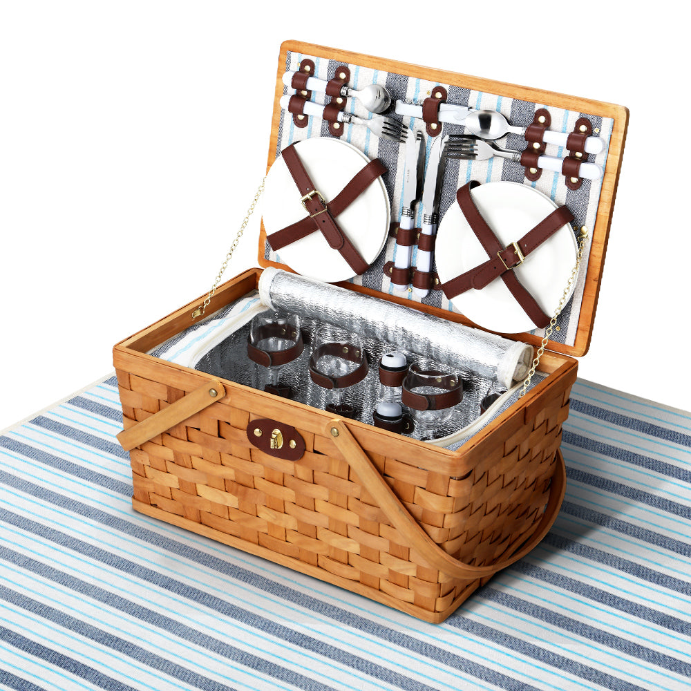 Alfresco Picnic Basket Set featuring a wooden cooler bag for 4 people, complete with cutlery, plates, and a matching blanket.